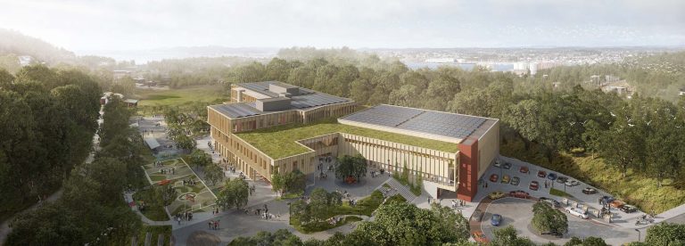 Vesterøya Barneskole by HUS Arkitekter is a sustainable school in Sandefjord, Norway, featuring green roofs and energy-efficient design.